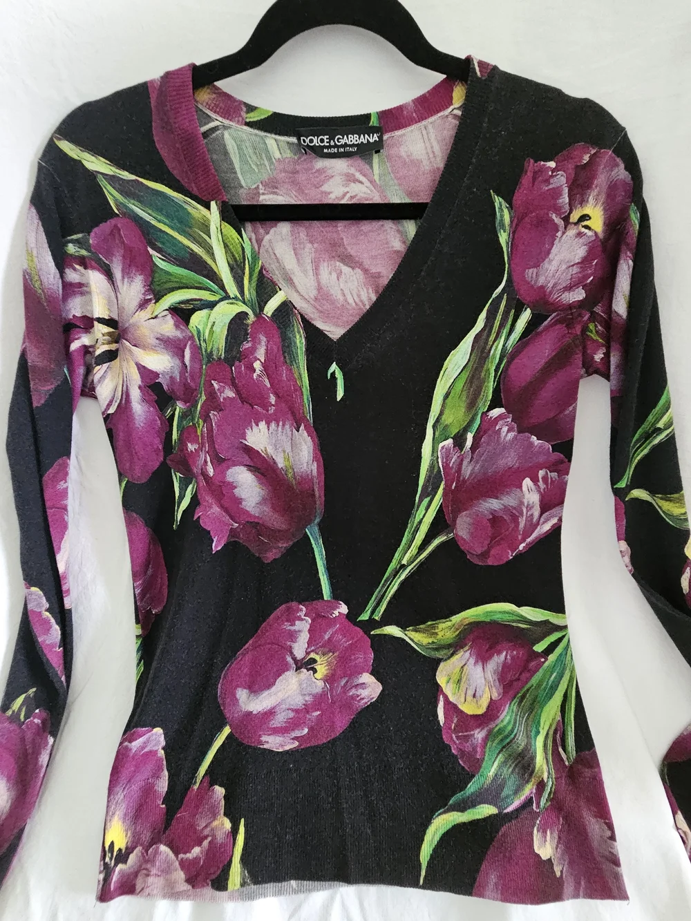 Dolce & Gabbana Black V-Neck Floral Long-Sleeve Top - Purple Tulip Print Silk